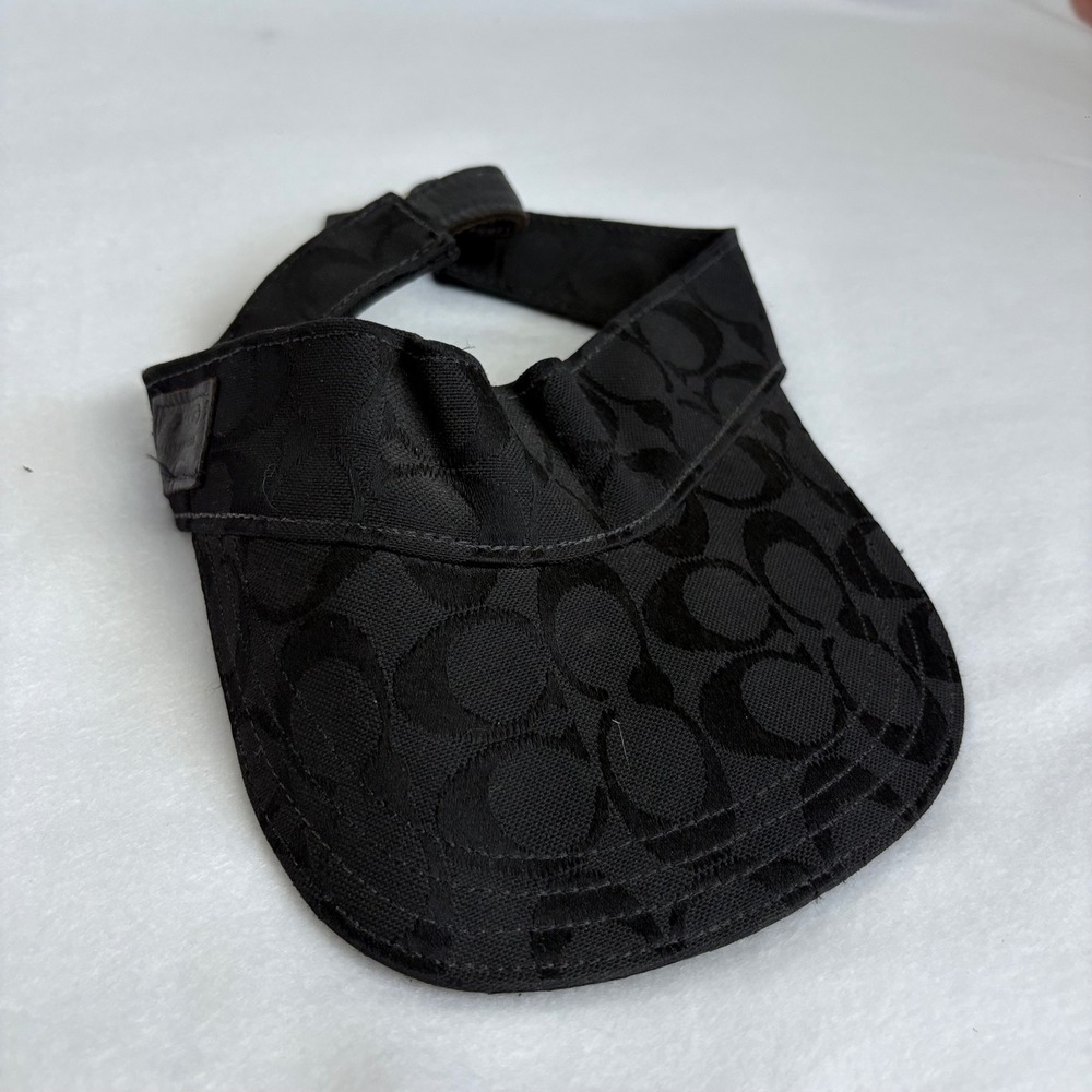 Coach Signature Monogram Visor Black Jacquard Sun Hat Leather Trim Adjustable